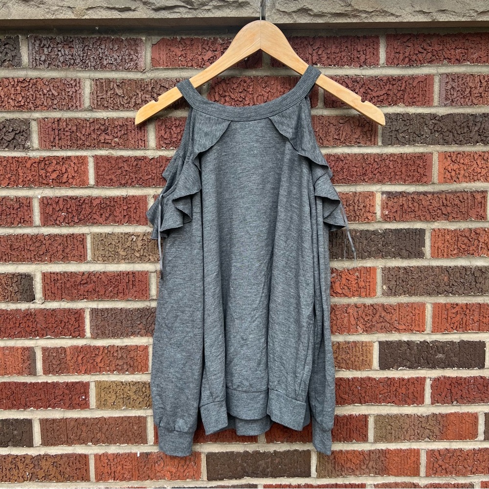 Express Heathered Gray Ruffle Front Cold Shoulder High Neck Pullover Sweater